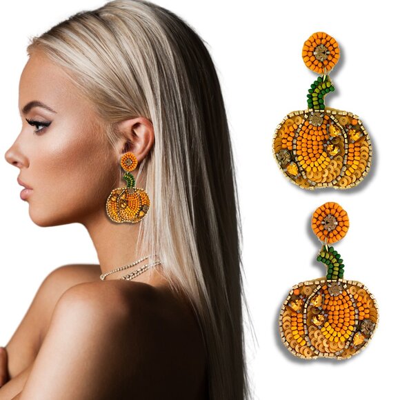 Austrian Crystal Pumpkin Patch Fall Theme Seed Beaded Artisan Earrings - Picture 1 of 2